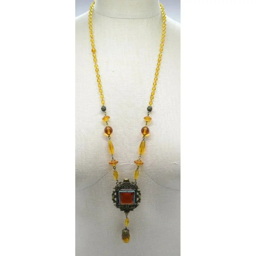 Victorian Topaz Glass Rhinestone Filigree Bead Beaded Pendant Necklace